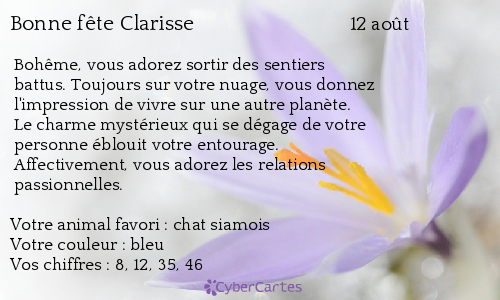 Carte bonne fête Clarisse (12 août) !